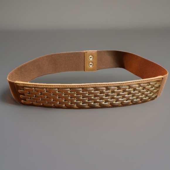Tan & Gold Link Faux Leather Stretch Belt